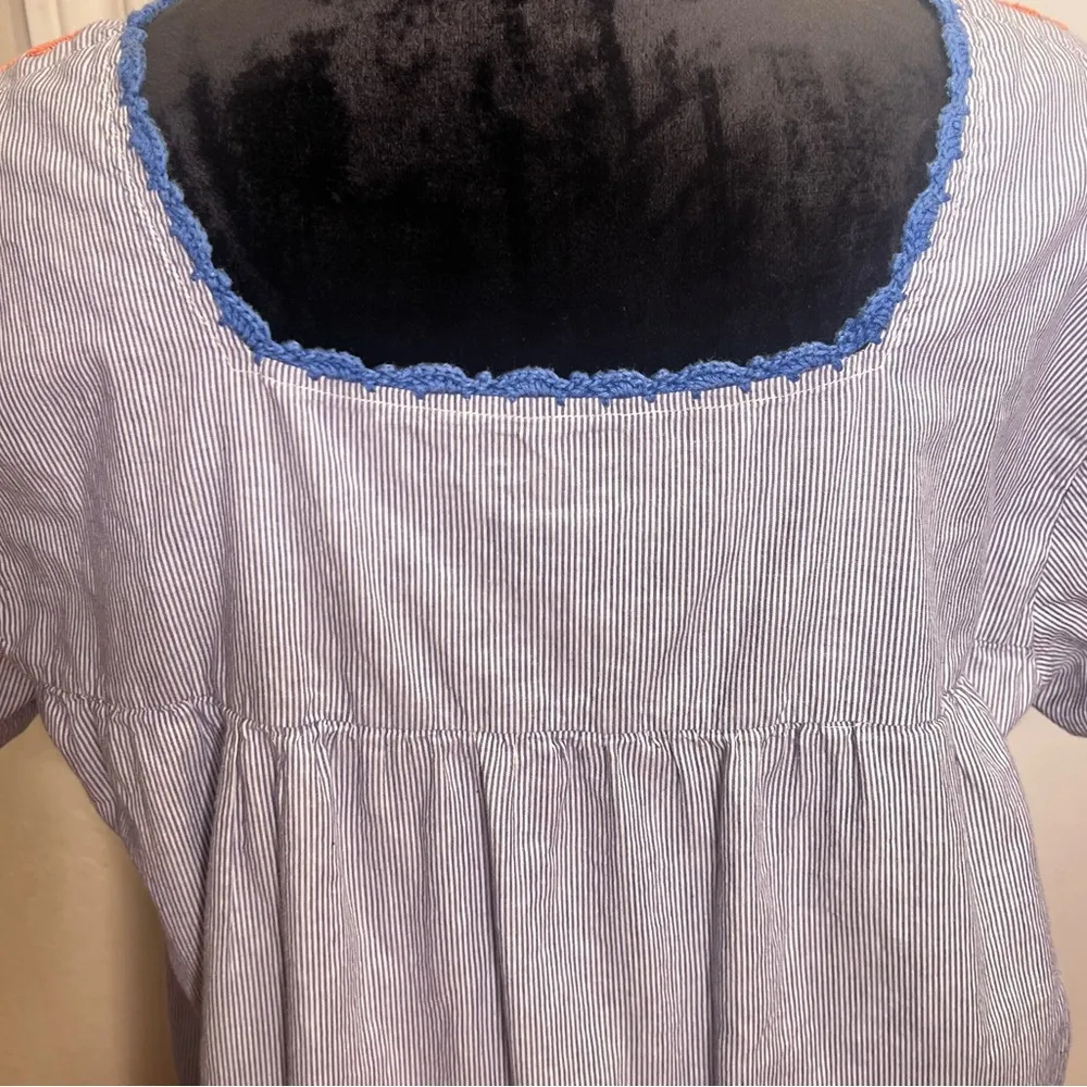 Roller Rabbit Blue & White Stripe Floral Embroidered Crochet Shift Dress Sz L/XL - Image 12