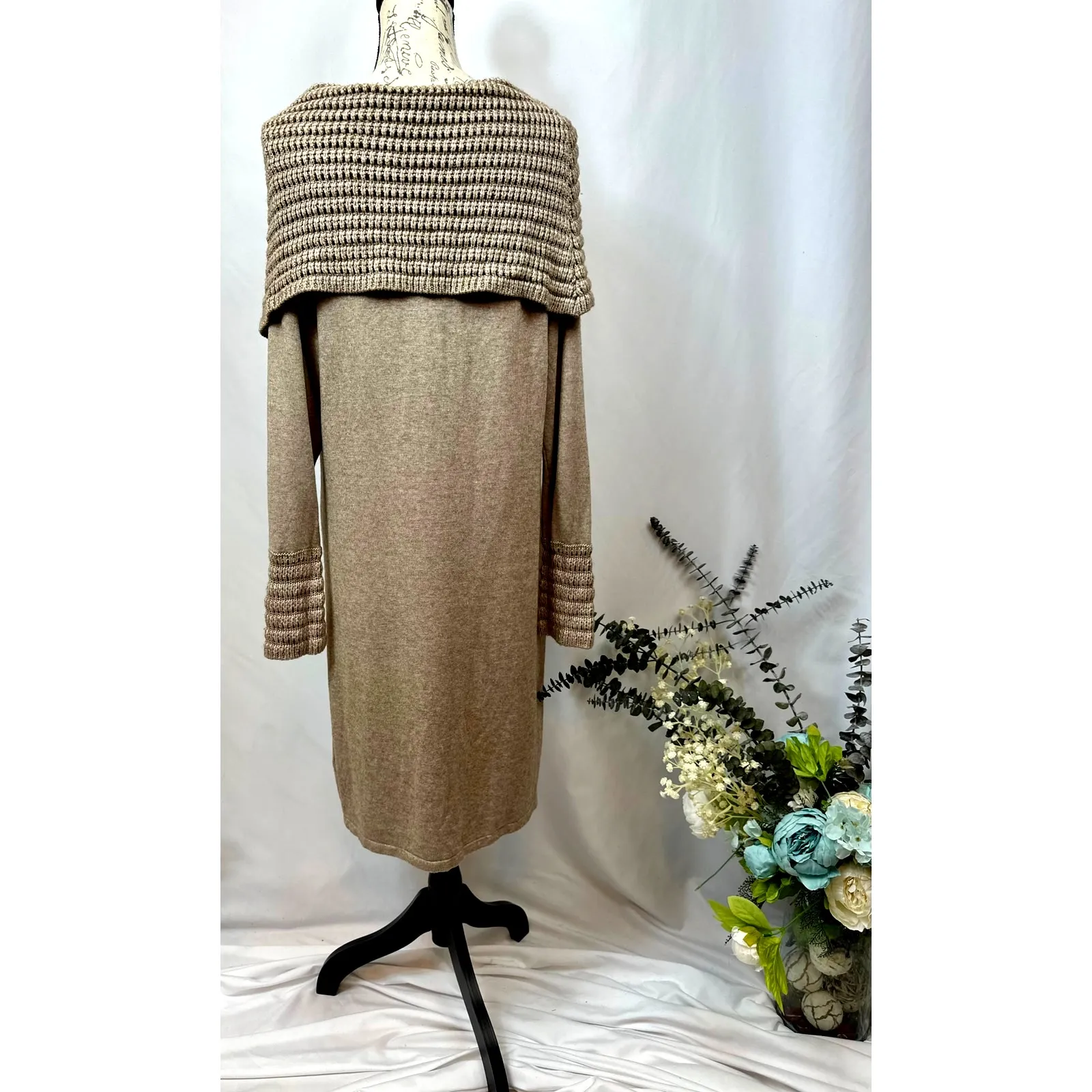 Philosophy Cowl Neck Crochet Overlay with Matching Cuffs Dress Taupe XL - Image 12