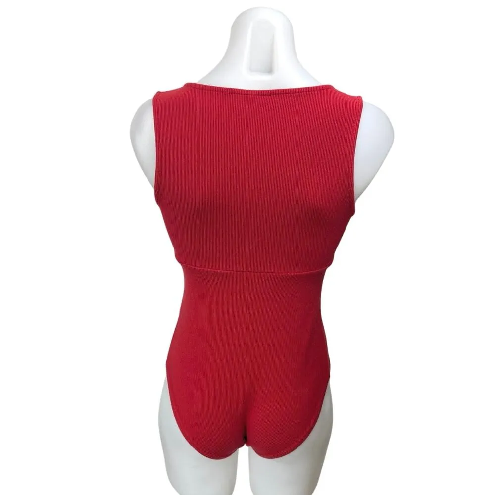 Topshop Women's Red Rib Knit Sleeveless Plunging V-Neck Bodysuit Tank Top Size 6 - Image 2