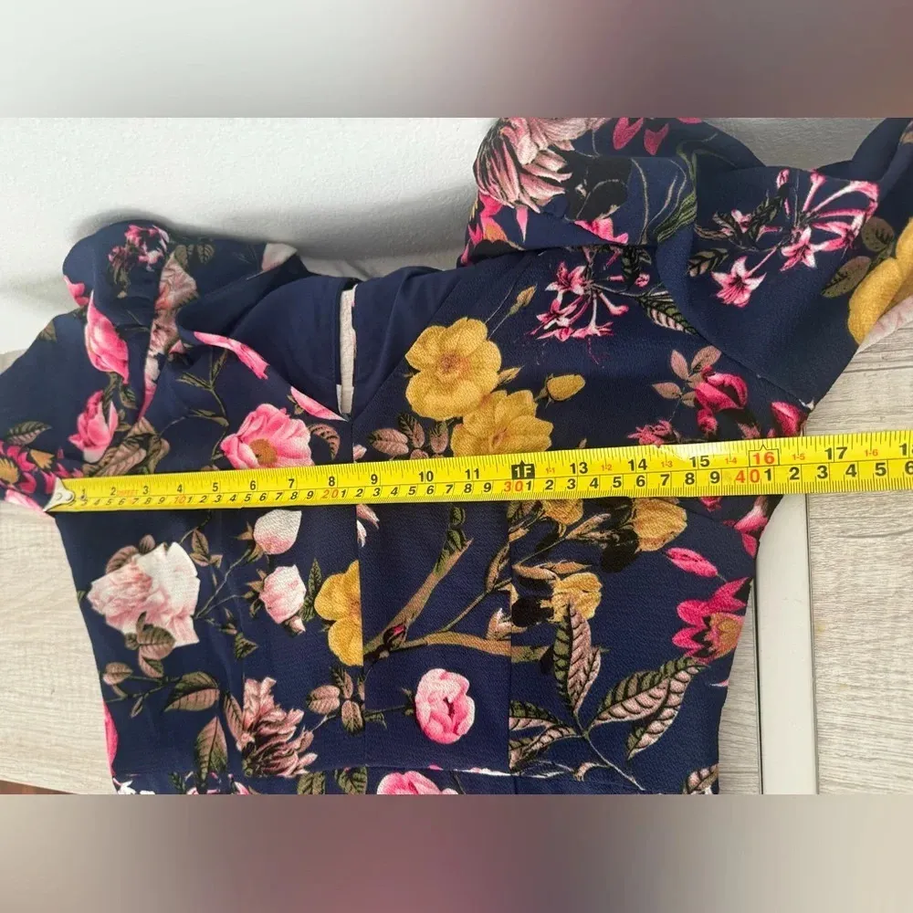 Eliza J Navy Floral Midi Dress 3/4 Ruched Sleeves V Neck Split Front Size 2 - Image 9
