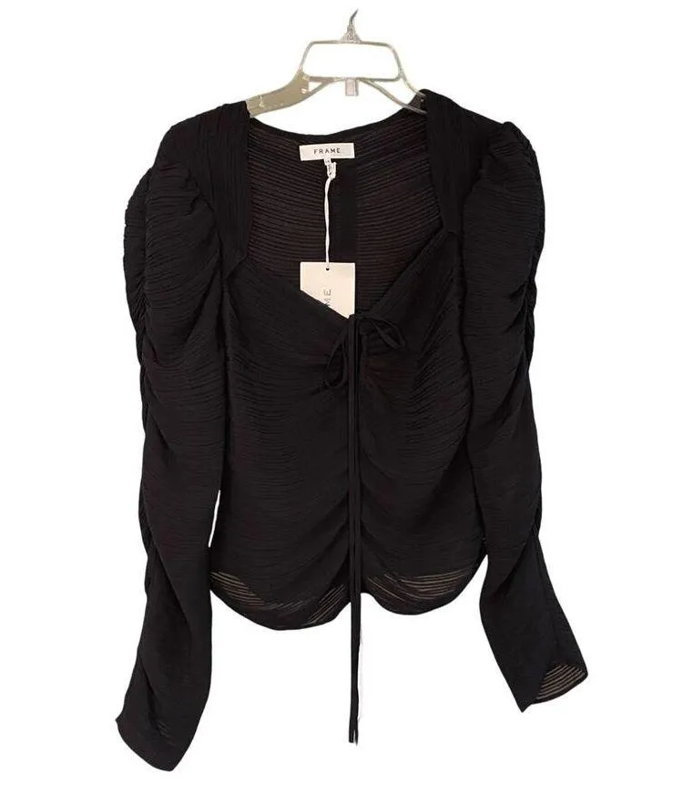 Frame NWT Gathered Keyhole Tie-Neck Top in Noir Size L - Image 2