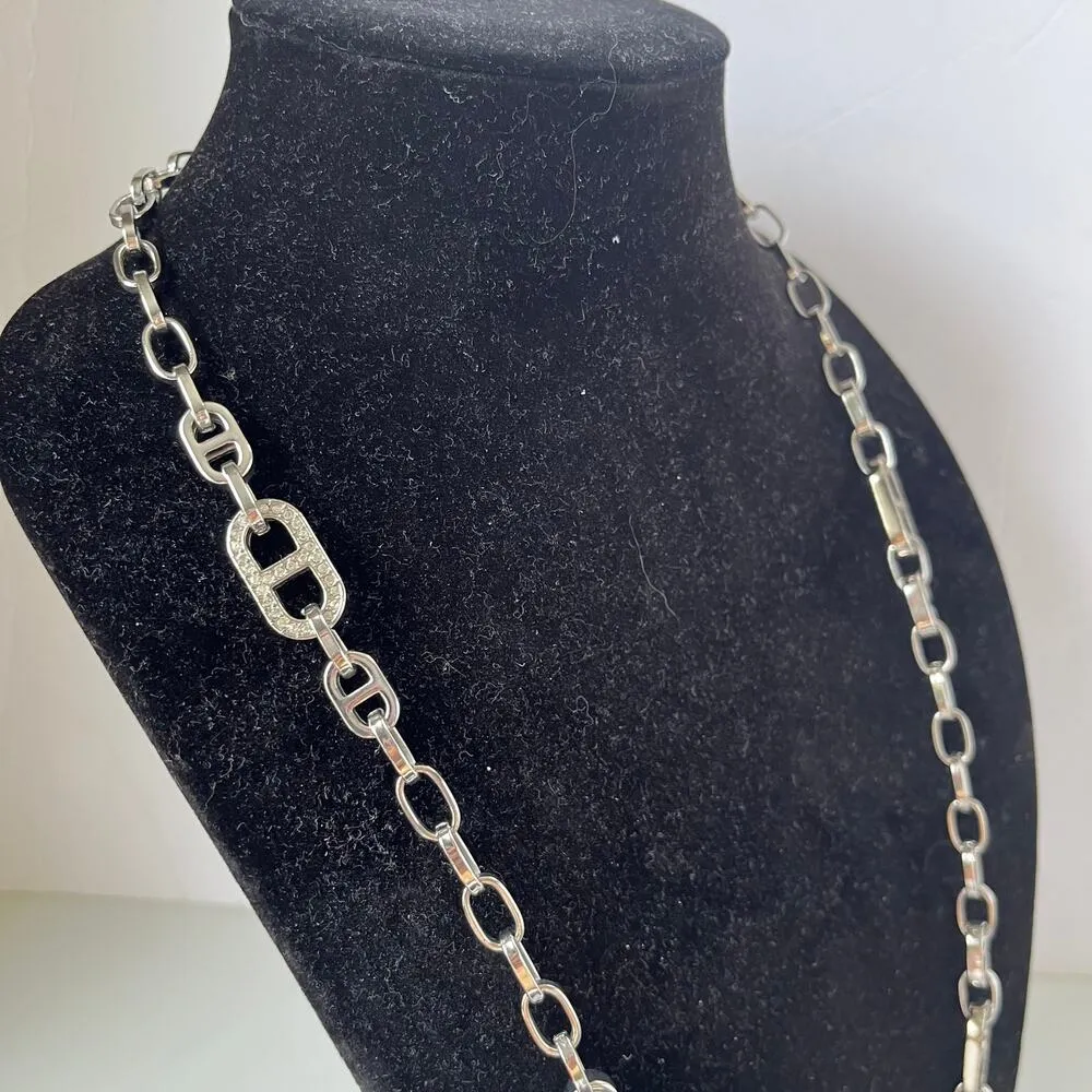 Ann Taylor Silvertone Chain Necklace 30" Crystal Rhinestone Link Layer Statement - Image 2