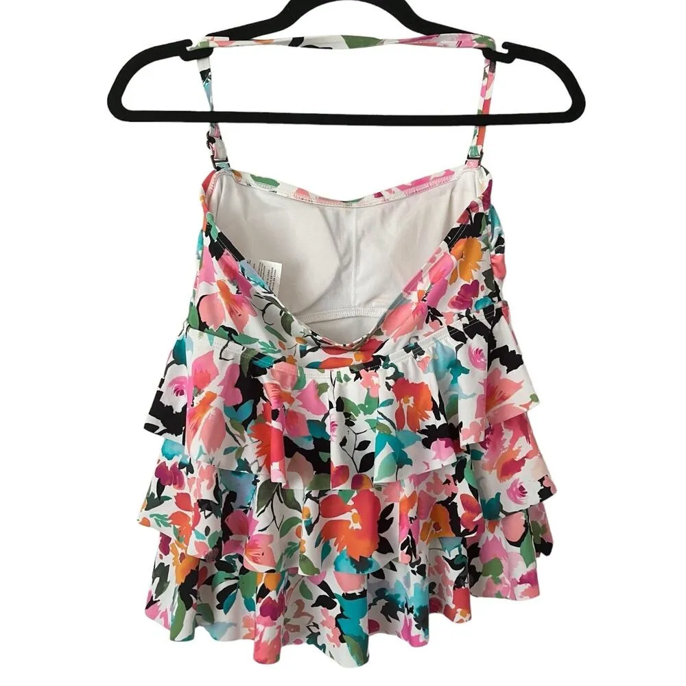 Island Escape Floral Tiered Ruffle Waist Minimizing Convertible Tankini Top Sz 6 White - Image 4