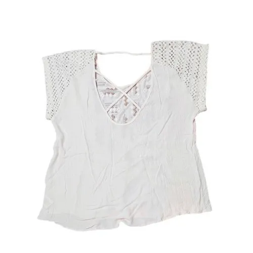 Miss‎ Me Embroidered Cap Sleeve Tie Back Cream Blouse Bohemian Hippie 70s LARGE - Image 6