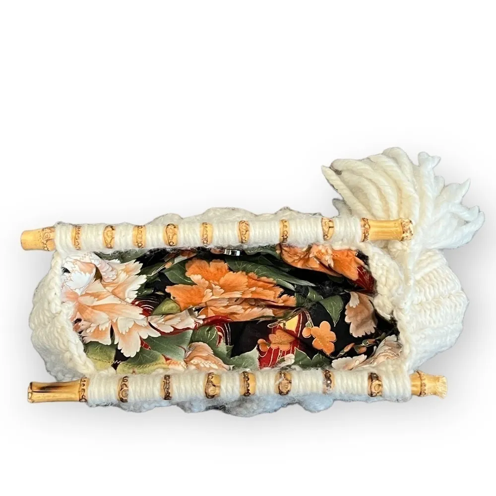 Handmade Cableknit Sweater Bamboo Handle Tassle Clutch Bag Ivory - Image 6