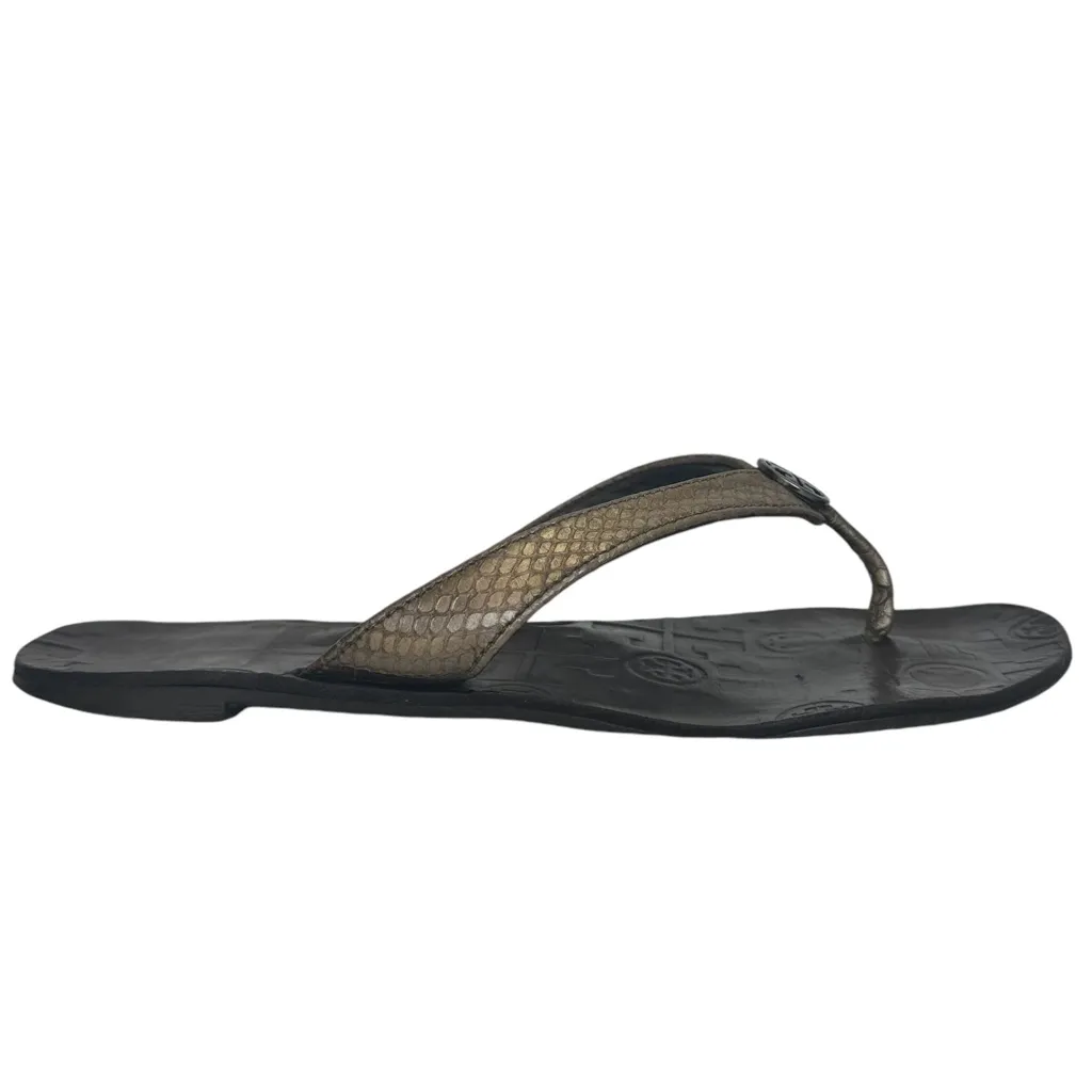 Tory Burch Thora 2 Leather Thong Sandals Pewter Metallic Tumbled Snake Print 7 M - Image 5
