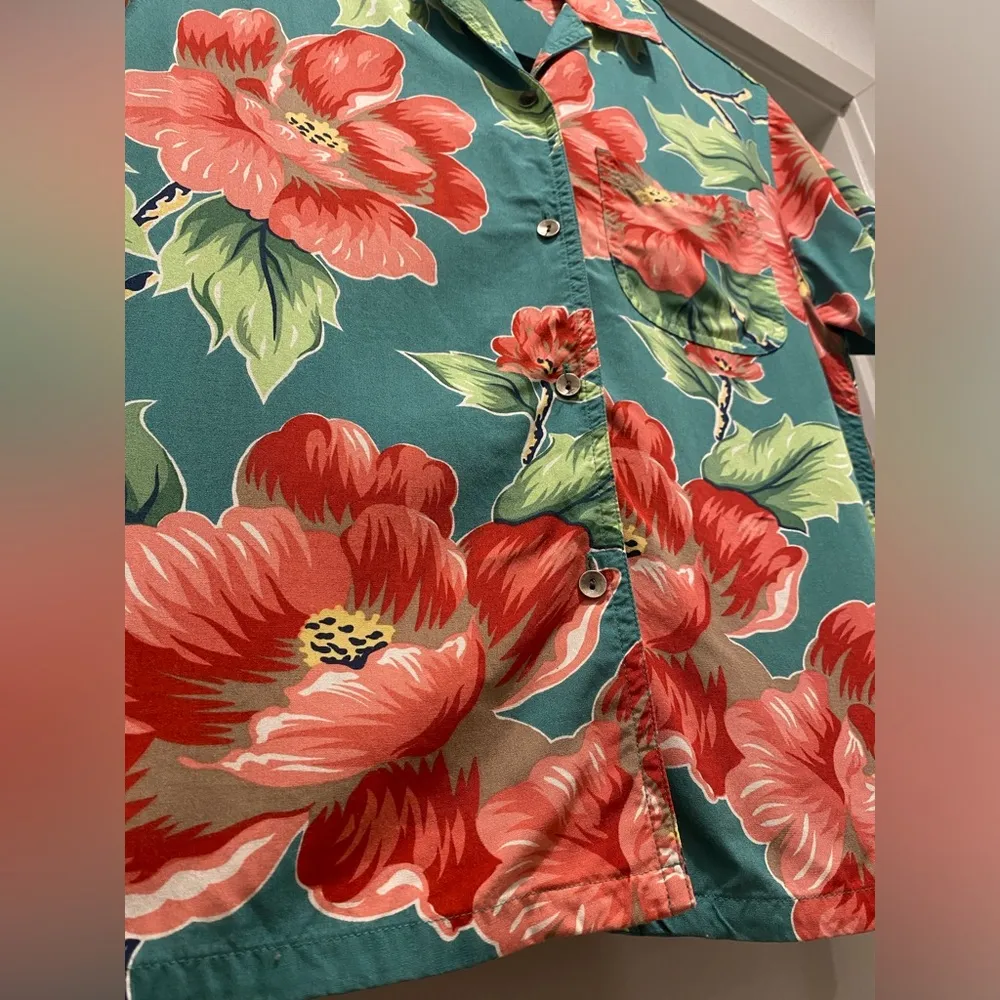 VTG 90s Liz Claiborne Green & Red Tropical Floral Button-Up Collared Shirt - SP - Image 7