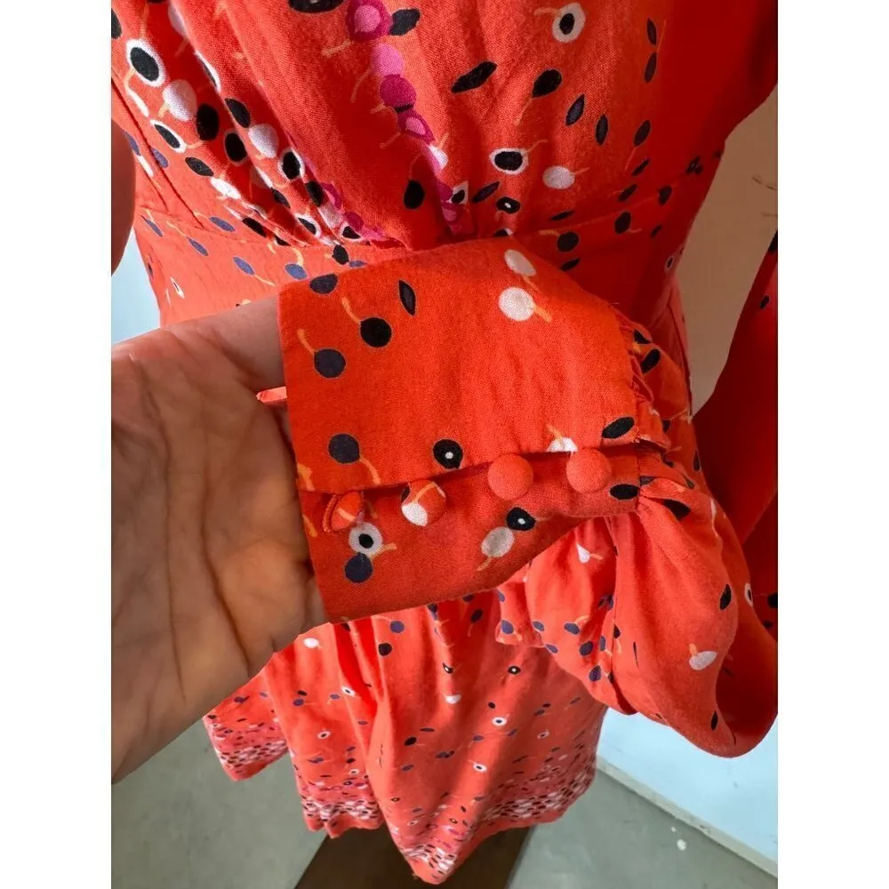 Free People‎ Red Coryn Coral Polka Dot Long Sleeve Fit And Flare Dress Size 0 - Image 8