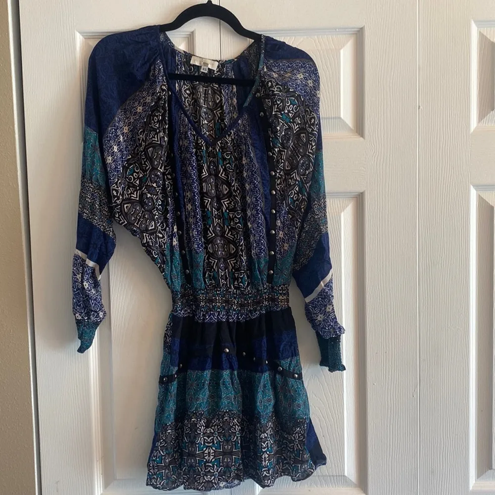 Ramy Brook silk patchwork print studded smocked mini dress size XS‎ - Image 2