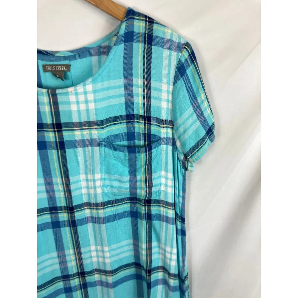 Falls Creek  Plaid Split Back Short Sleeve Top Blue Size Small - Image 2