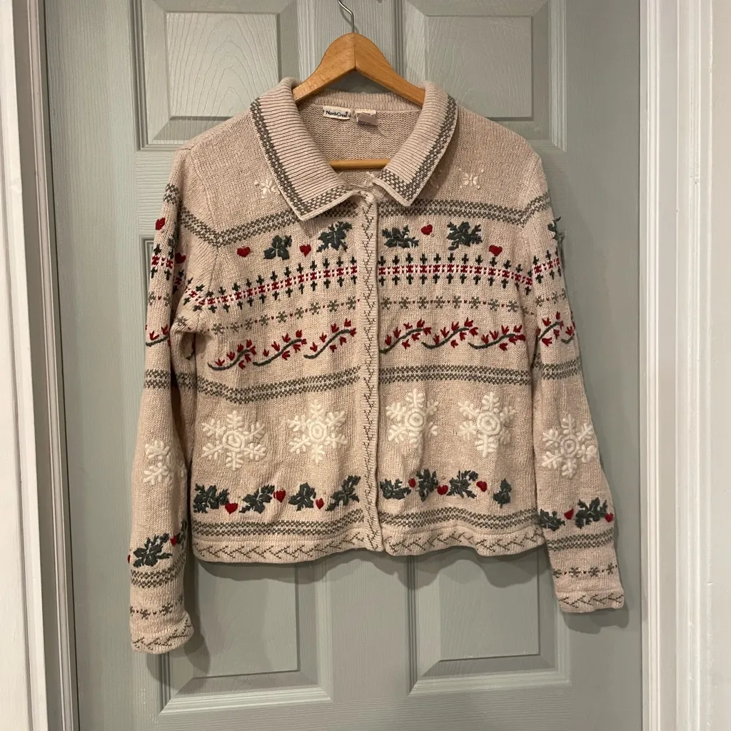 Northcrest Women's L Cream Cardigan Winter Holiday Ramie Blend Snowflake Red Size L - Image 6