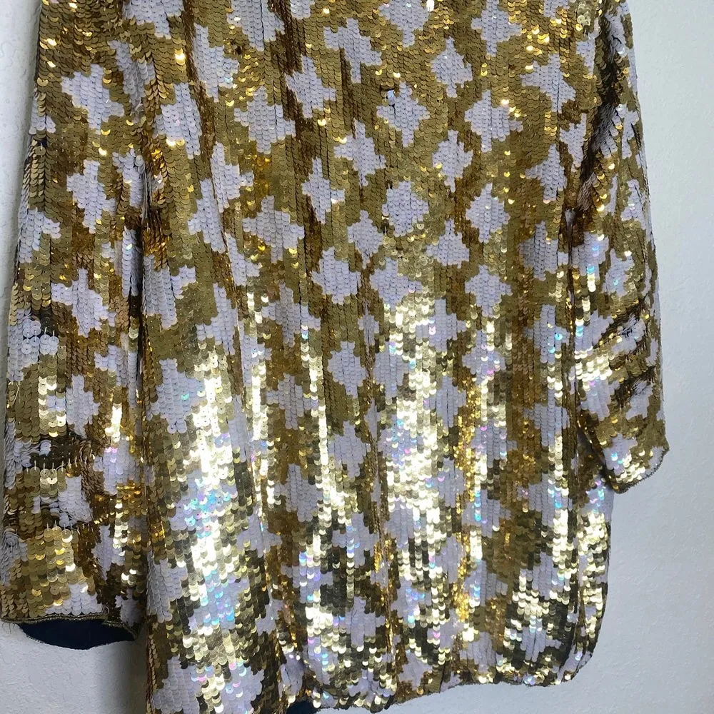 Vintage Eve’s Allure Gold Metallic & Iridescent White Sequin Silk Blouse Size M Size M - Image 2