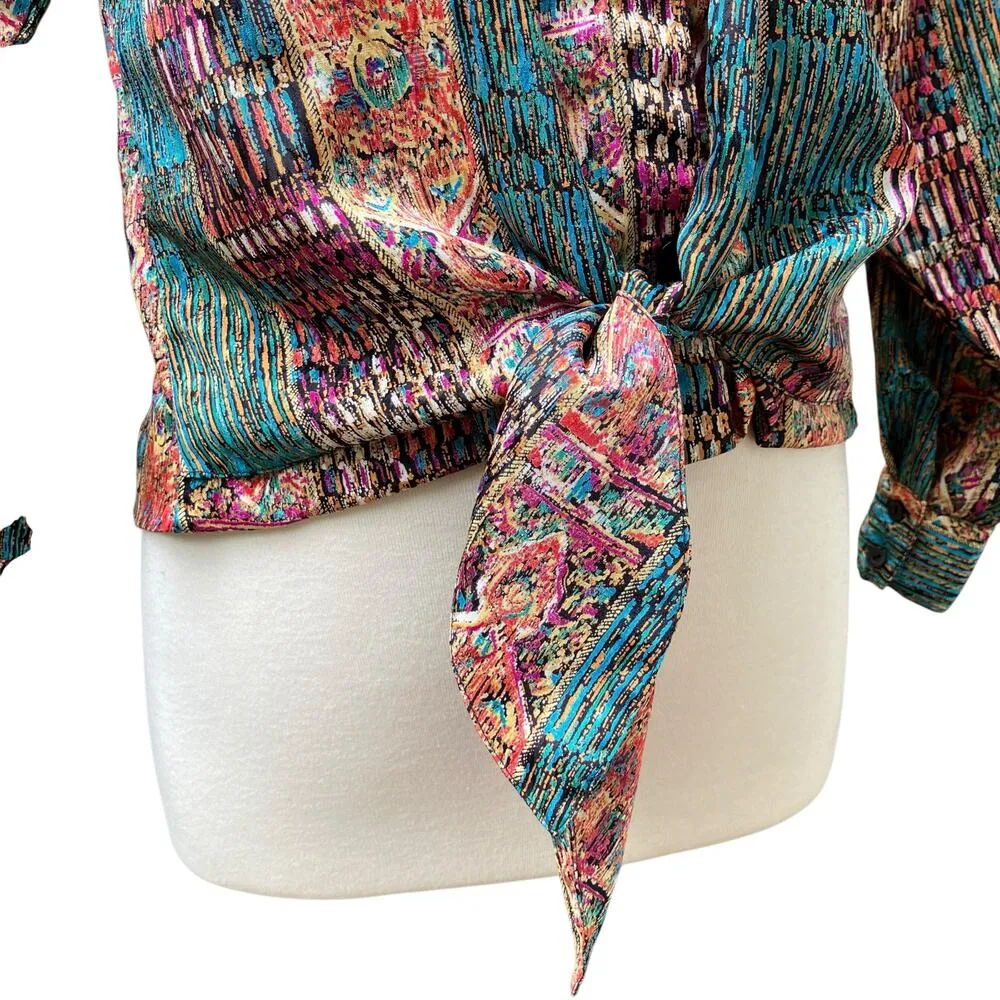 VTG Shirt Sz M Abstract Geometric Shimmer Tie Front Button Retro Funky Western - Image 3