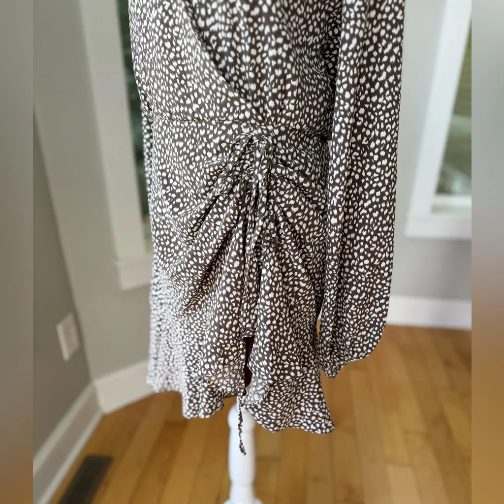 SHE + SKY Brown White Polka Dot Asymmetrical Faux Wrap Mini Dress Sz Small NWT - Image 12