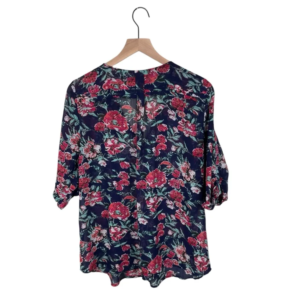 Skies Are Blue Mayven V-Neck Blouse Women's Size XL Navy Blue Pink Floral Sheer - Image 3