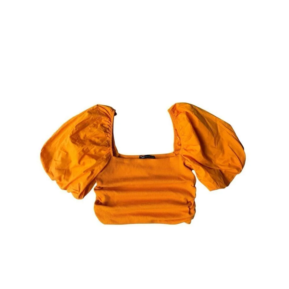 ZARA Bold & Bright Puff Sleeve Crop Top In Marigold Orange Yellow Size M - Image 5