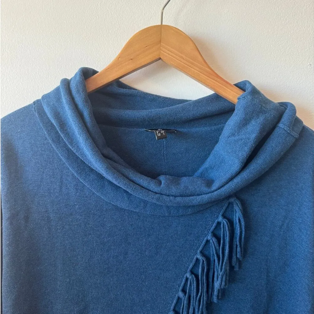 Marble Sweater Women L Blue Cowl Neck Tassel Cotton Blouse Lagenlook Boho Fringe Size L - Image 3