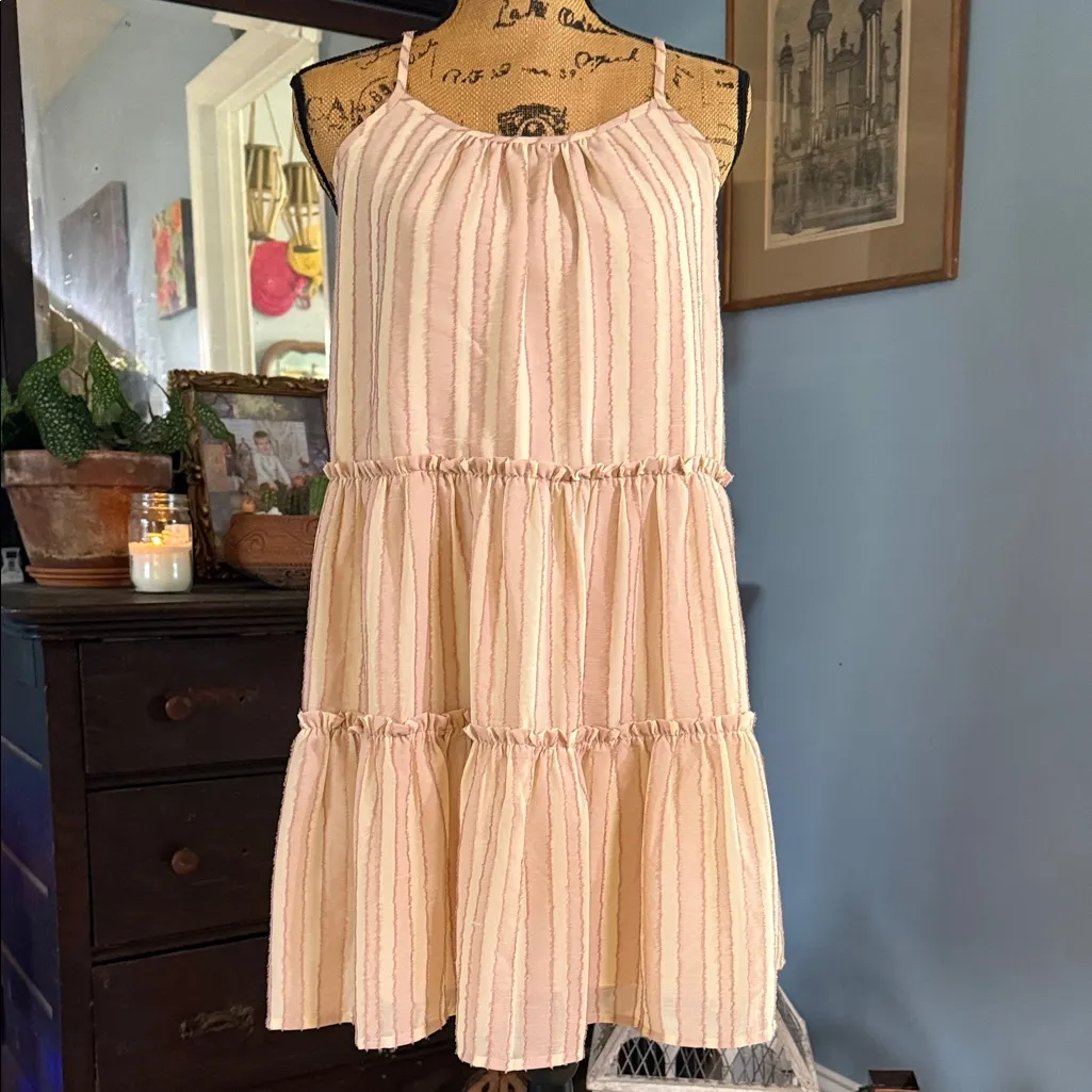 ILLA ILLA Blush Mauve and Cream Stripe Open Tie Back Sleeveless Tiered Dress - Image 2