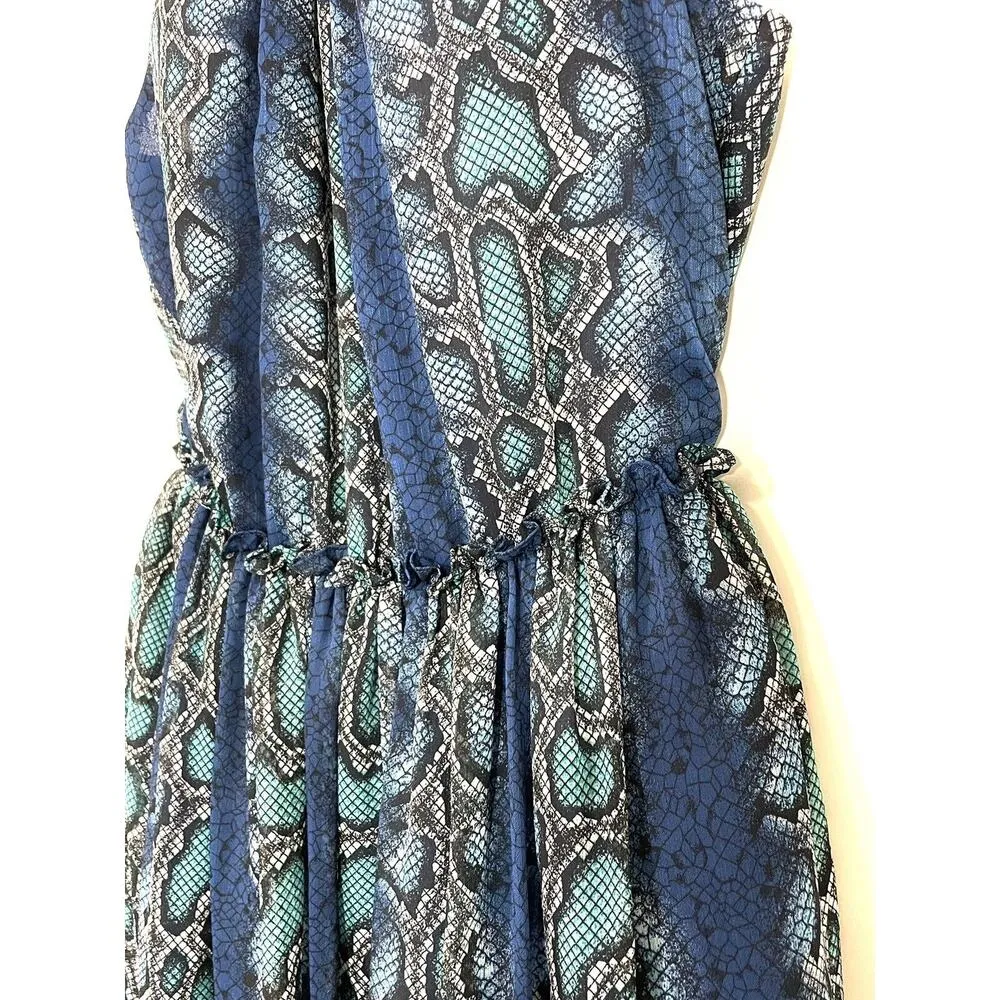 SUNDANCE Catalog Python Snake Print Lined Halter Dress Size Small Blue Ruffles - Image 3