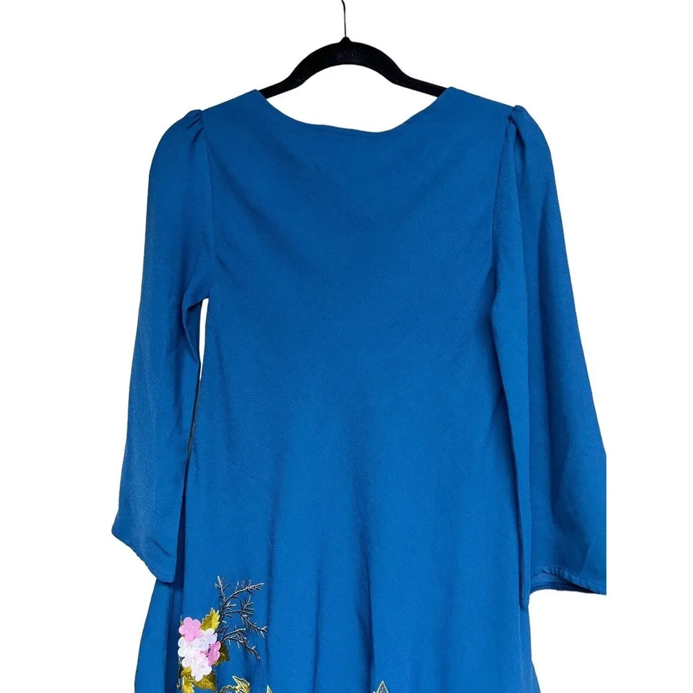 Anthropologie Varun Bahl Hydrangea Floral Dress Blue  Applique Embroidery Sz 0 - Image 4