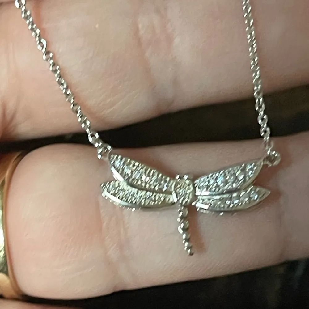 Intricate Rhodium Plated Dragonfly CZ Necklace with Textured Wings 18 Inches - Image 2