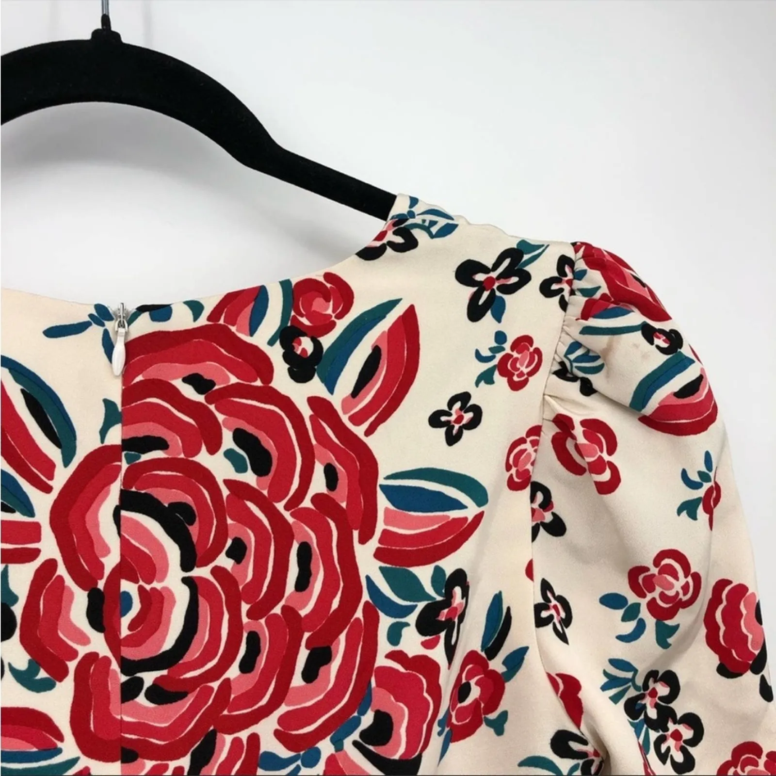 Rebecca de Ravenel women Abstract Floral Puff Sleeve Silk Blouse Top Cream Red 4 - Image 4