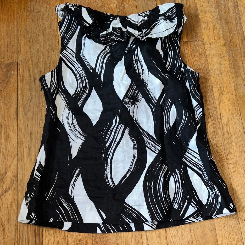 Grace Elements 100% Linen Black and White Abstract Ruffle Blouse Sleeveless sz8‎ - Image 4
