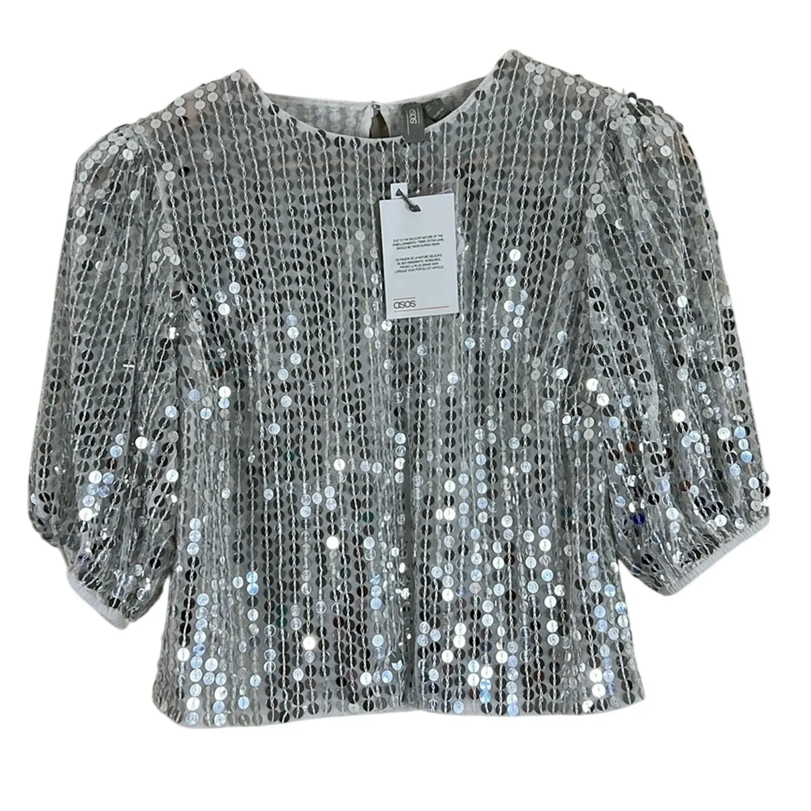 NWT ASOS Crop Top Womens 2 Silver Sequin Puff Sleeve Mesh Disco Futuristic - Image 2
