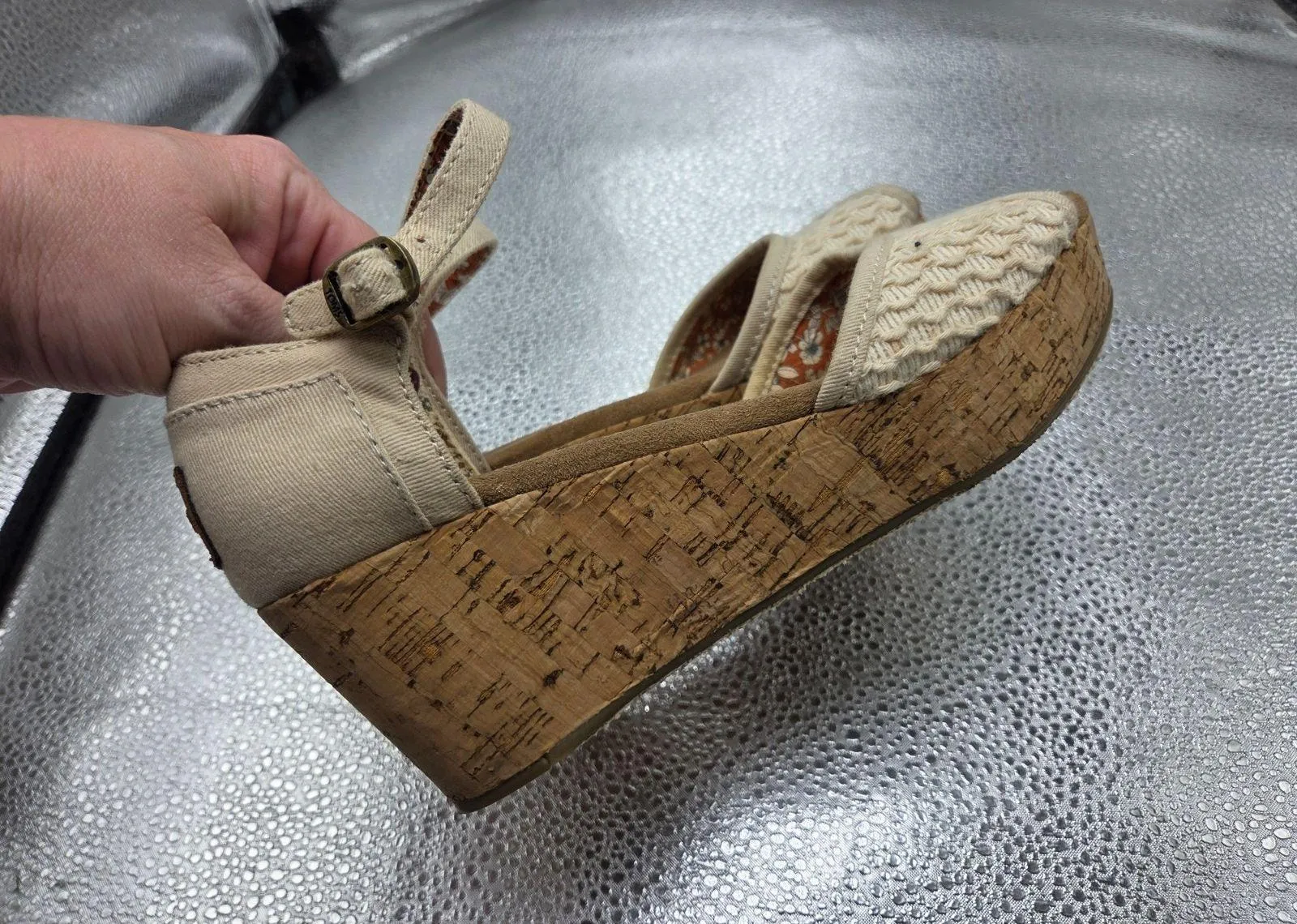 Toms Cork Wedge Beige Cotton Straps Platform Sling Back Shoes Sandals 6.5 - Image 6
