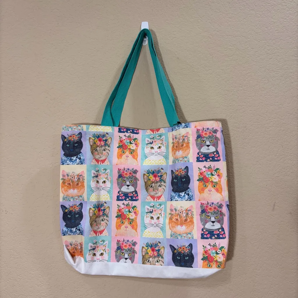 MIA CHARRO Canvas Shoulder Bag Cats Land With Floral
Headband Cute Boho Cottage White - Image 5