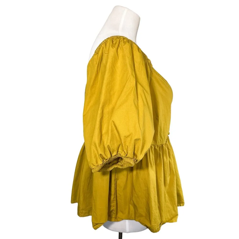 Free People Veronica Sweetheart Neck Peplum Balloon Sleeve Blouse Top Mustard XL - Image 4