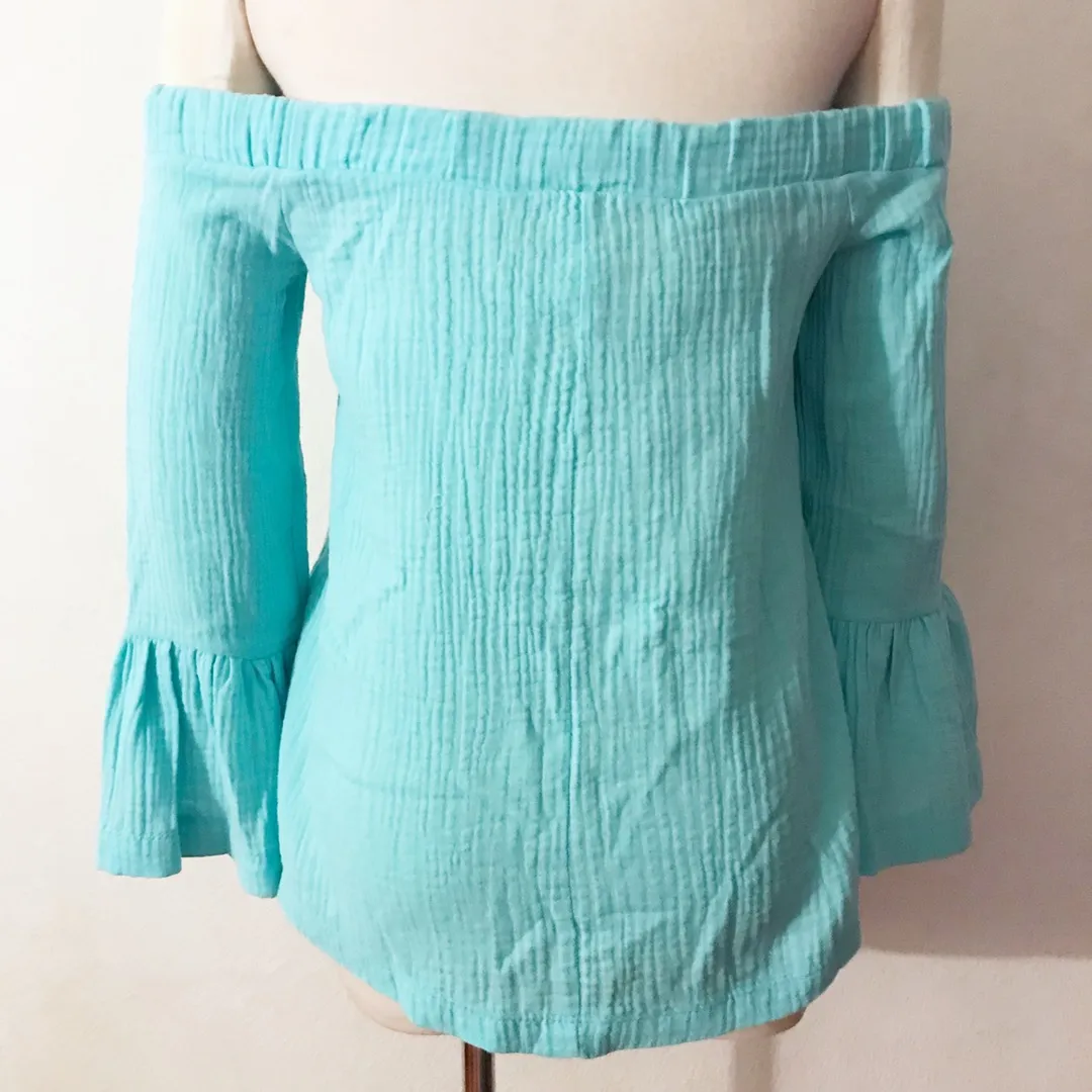 Off Shoulder Flared Sleeves Boho Top Blue - Image 2