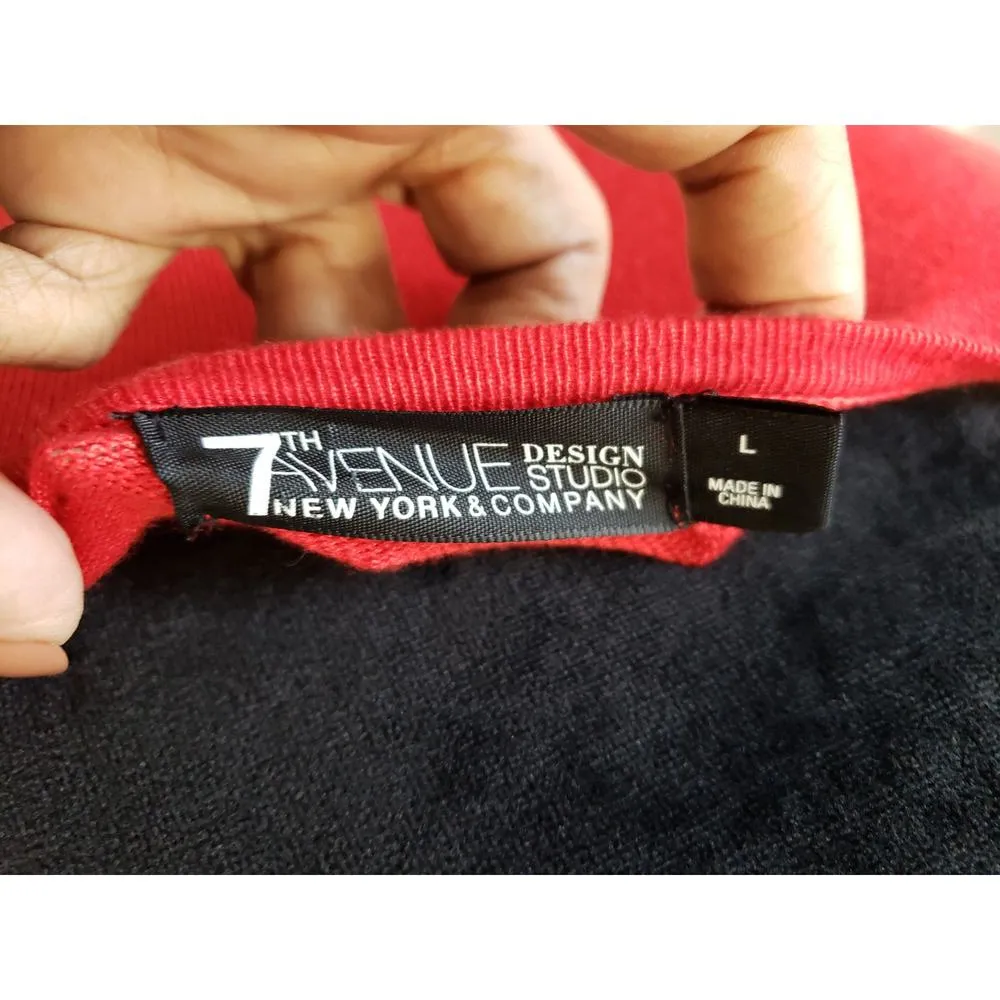 Women's 7th Avenue Red Deep V Sweater Large White Cuff Tie Sleeve Pullover - Image 10