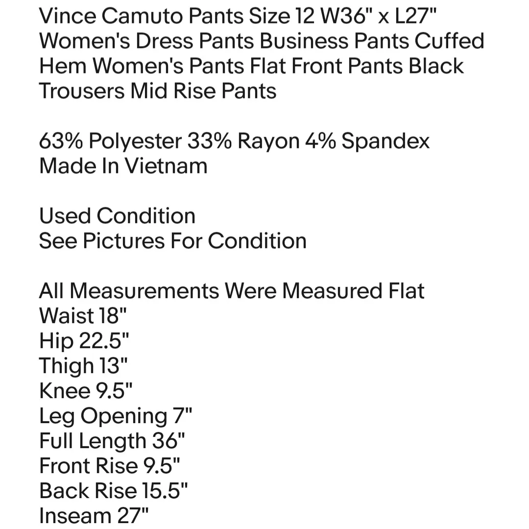 Vince Camuto Pants Size 12 W36" x L27" Women's Dress Pants Business Pants Cuffed Hem  - Image 7