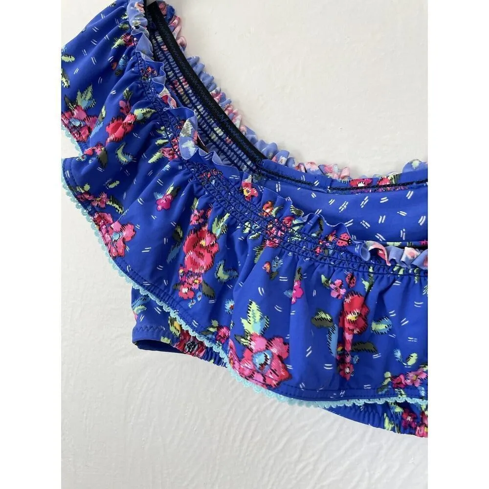 Vera Bradley Floral Blue Ruffle Off-The-Shoulder Bikini Top W/ Straps $82 Size M - Image 2