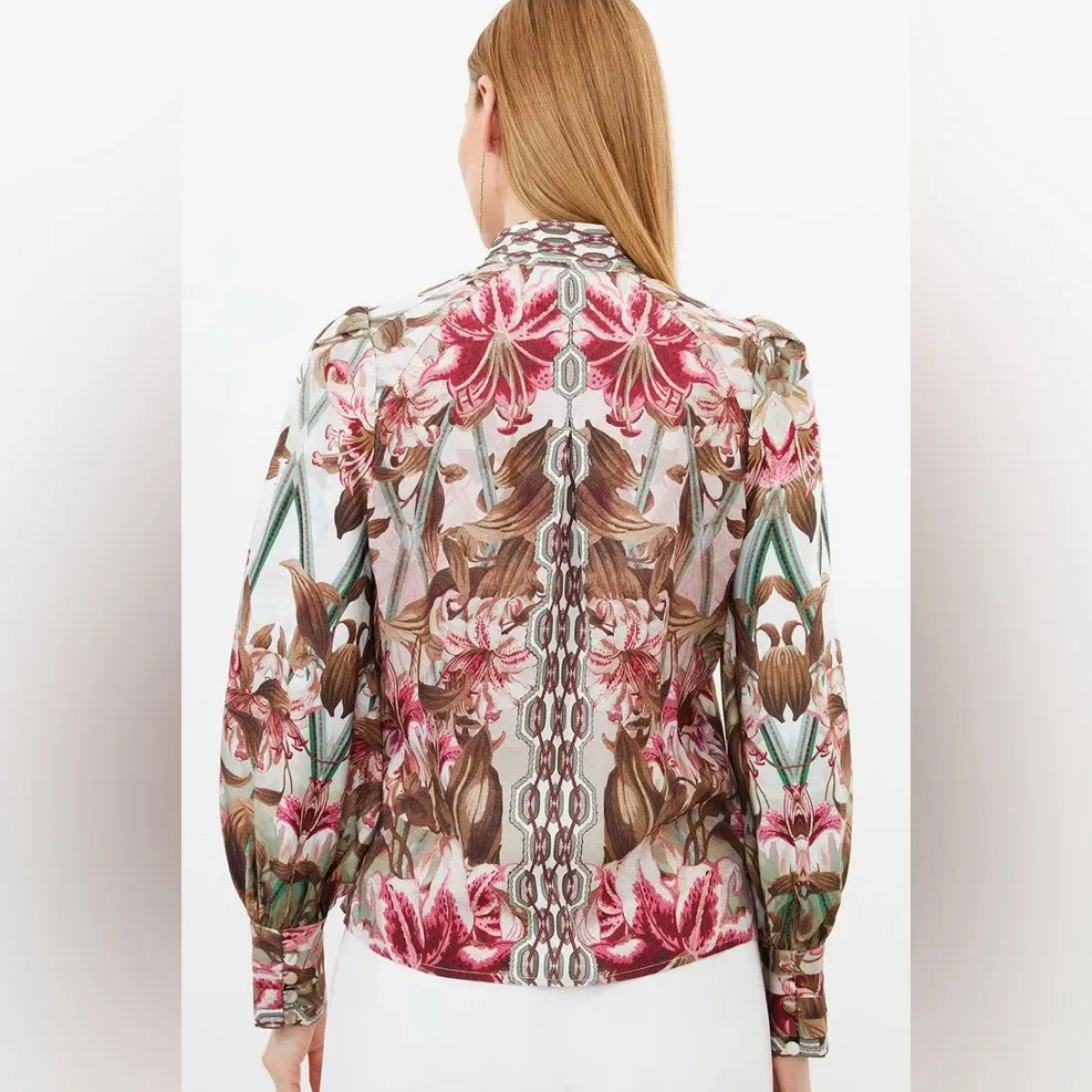 NEW Karen Millen Linen Viscose Border Print Floral Woven Blouse 6 - Image 4