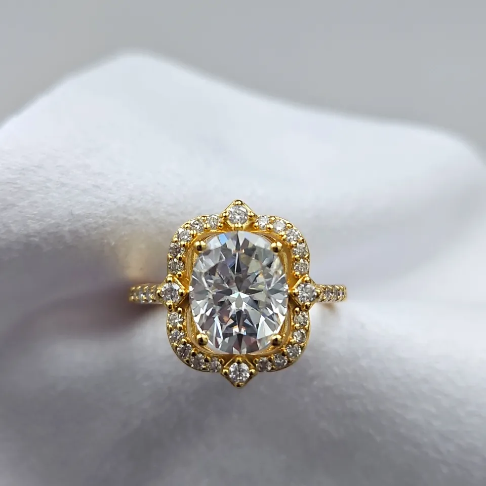 3ct Oval Scalloped Halo Iced Out Moissanite Ring. Size 7, YG Plating - Image 2