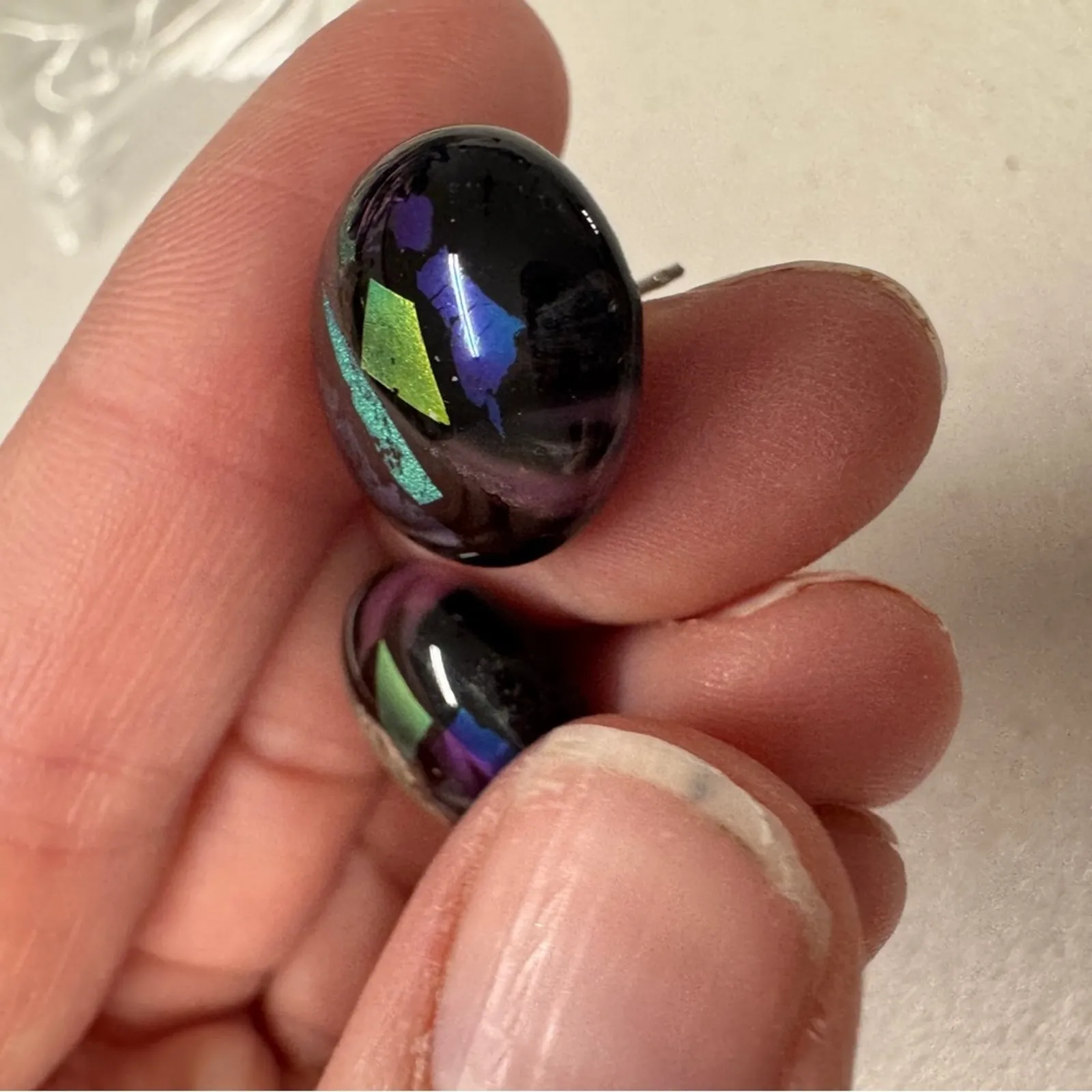 Vintage Dichroic Black Green Blue Pierced Earrings 1980s - Image 3