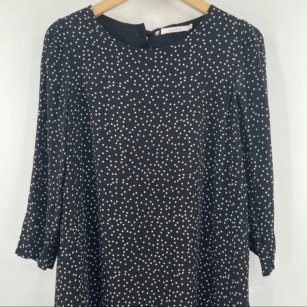 FRNCH Paris Dot Long Sleeve Dress Tie Neck B&W Polka Dots Flare Parisian SZ S/M - Image 9