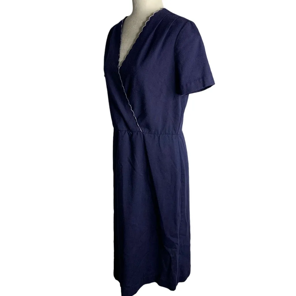 Vintage 80s Midi Sheath Dress M Blue Surplice Neck Elastic Waist Short Sleeves Size M - Image 3