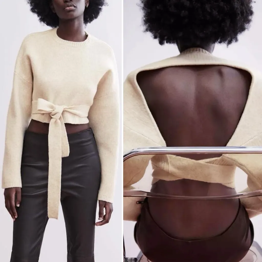 ZARA Open Back Tie-Front Sweater Cream Knit Crop Blogger Favorite Medium - Image 2