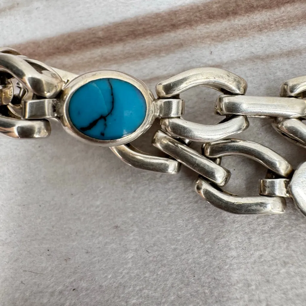 Vintage Sterling Silver Turquoise Link Bracelet Stamped 925 Mexico Southwestern - Image 5