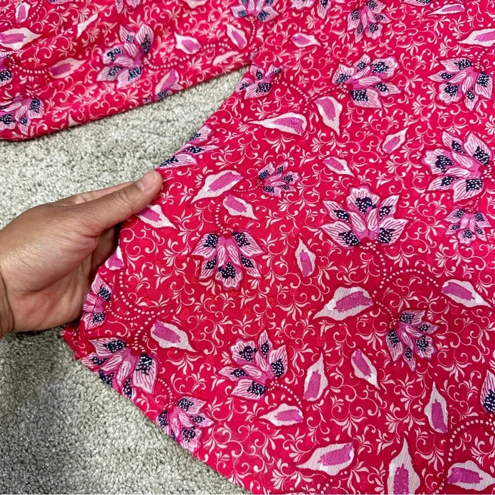 Joie Longsleeve Smocked Cuff Ruffle Neck Blouse Top Lined Floral Pink Size L - Image 9