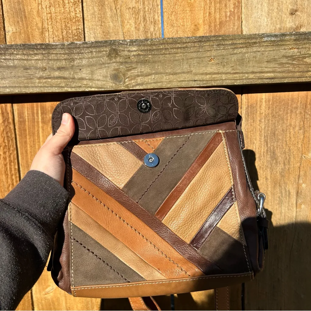 FOSSIL MULTICOLOR PATCHWORK CROSSBODY BROWNS/TAN leather purse hobo lines fall - Image 8