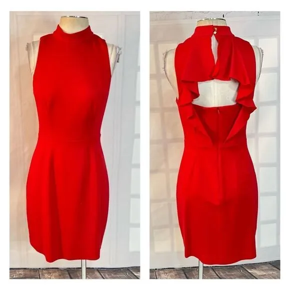Trina Turk Red Mock Neck Sleeveless Ruffle Open-Back Sheath Dress Size 4 - Image 2