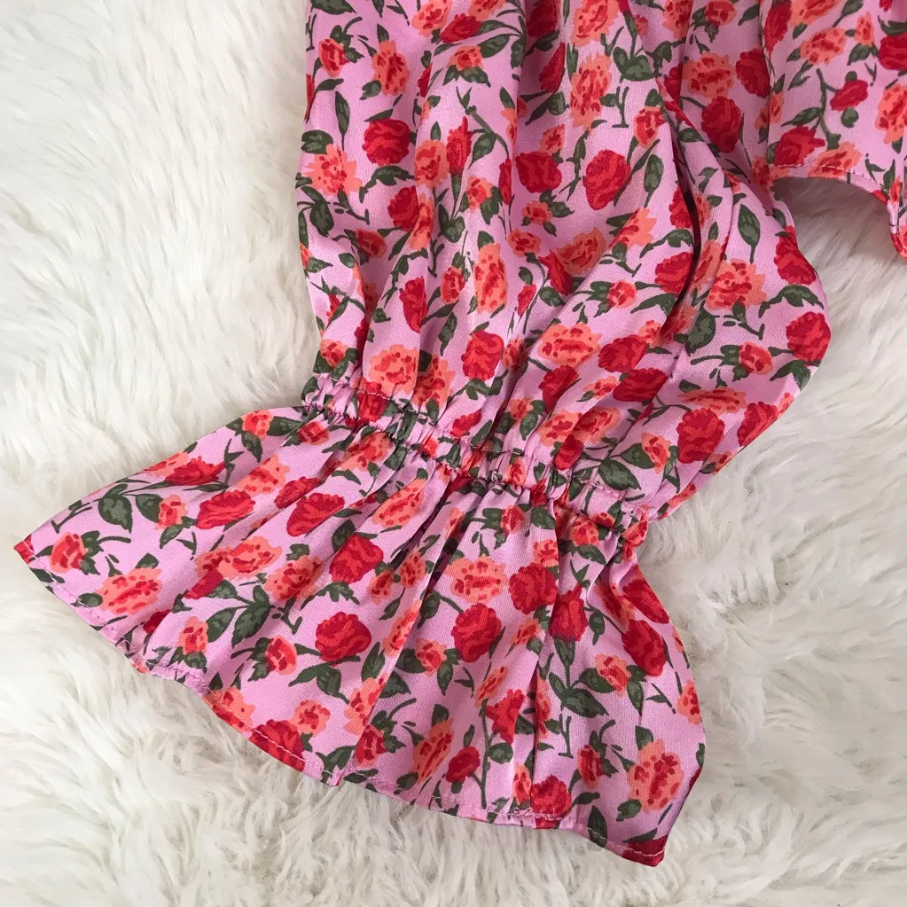 WAYF Pink‎ Rose Floral Sweetheart Ruched Peplum Top Cottagecore Coquette Small - Image 4