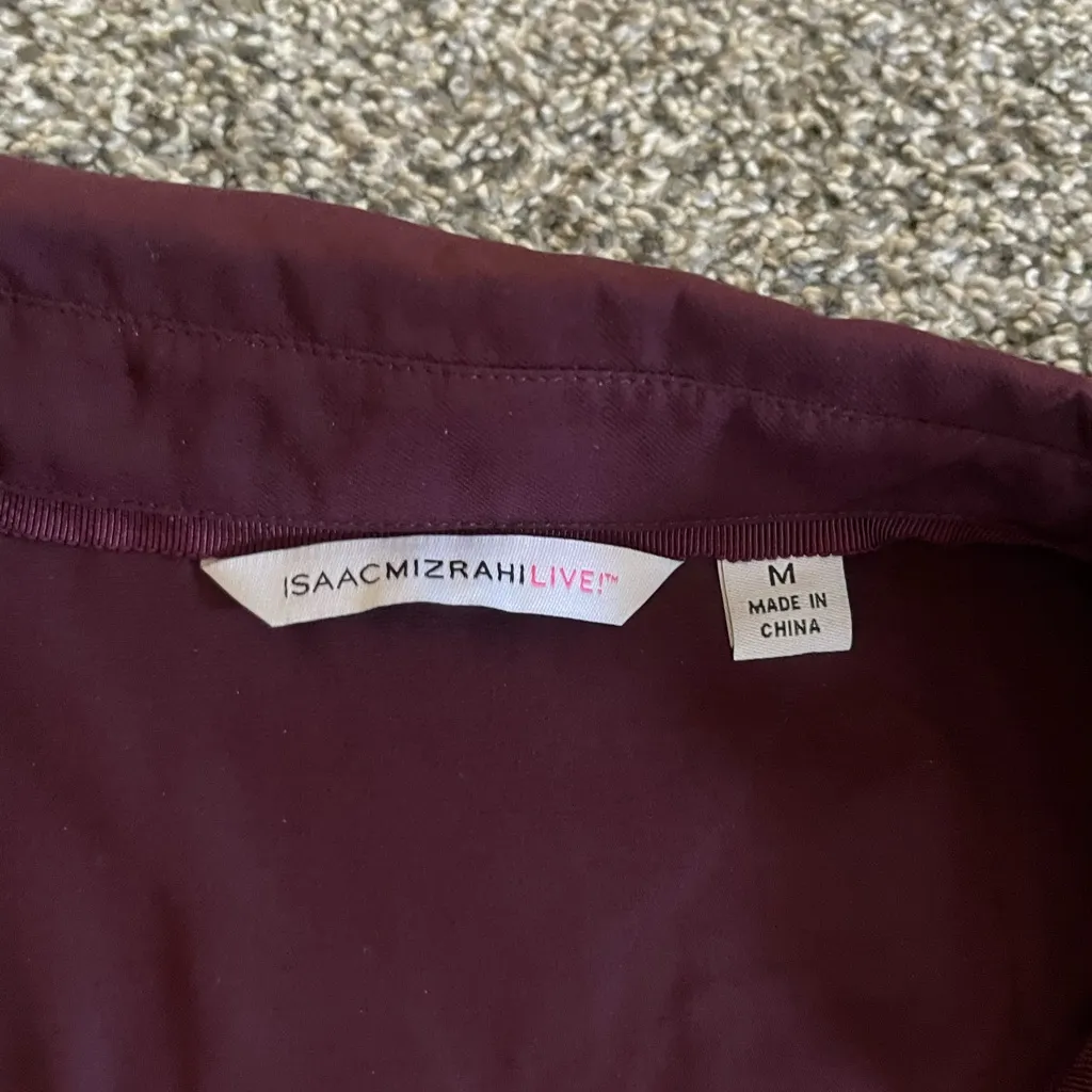 Isaac Mizrahi Live Burgandy Lace Applique Button Front Long Sleeve Blouse Top M - Image 2