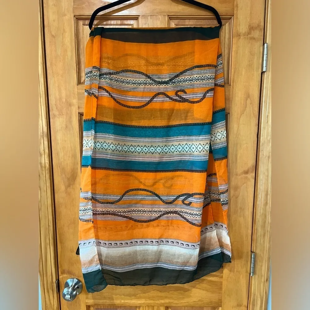 Lightweight Scarf Rectangle Accent Orange Teal Green Blue - Image 3