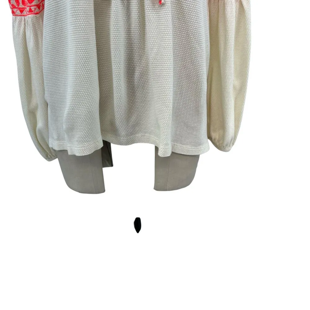 Anthropologie Maeve Louisa Peasant Top Textured Cream Neon Coral‎ Size Medium - Image 6