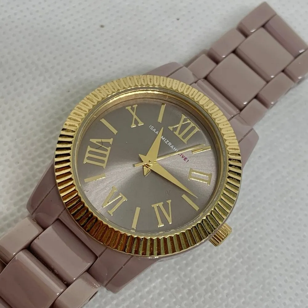 Isaac Mizrahi ceramic women wrist watch 30mm gold tone bezel size 6.5” running - Image 2